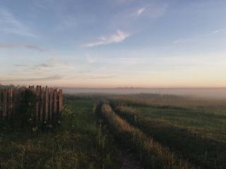 Clôture d'un champ à la campagne au petit matin